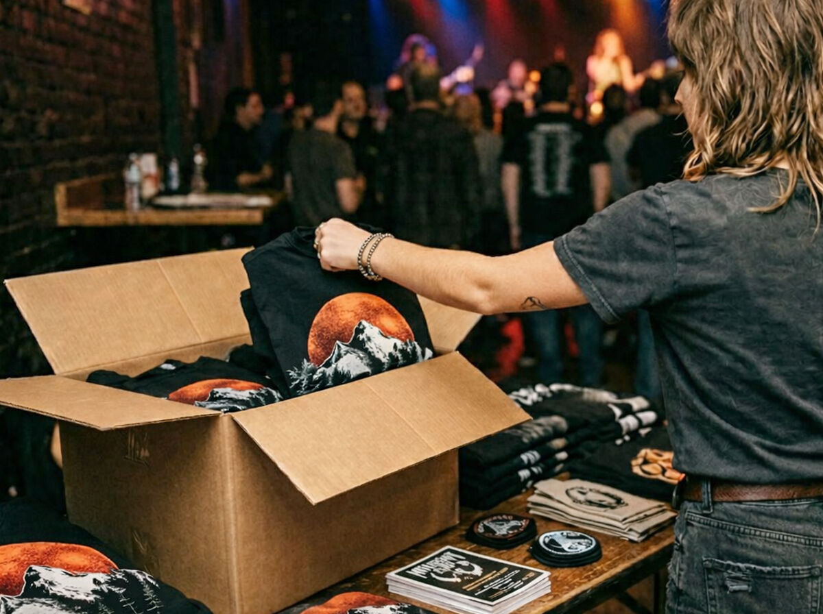 Band merchandise screen printed on organic Stanley/Stella garments by Live Ink Bristol