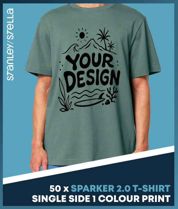 DEAL: 50 Sparker 2.0 T-Shirts + Single Side One Colour Print
