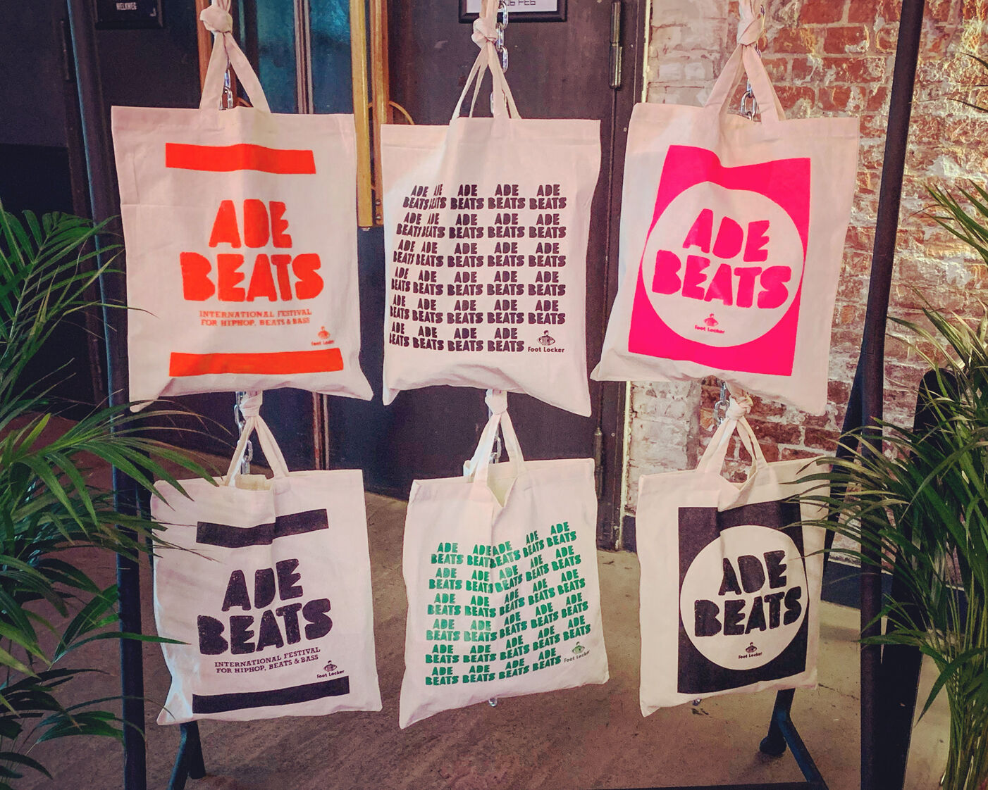 Six ADE Beats tote bags screen printed live at Amsterdam Dance Event, each with Foot Locker branding